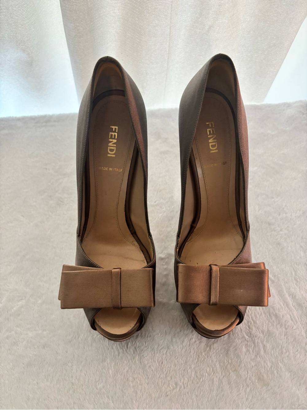 Fendi Bronze Satin Peep-Toe Heel Pumps with Bow